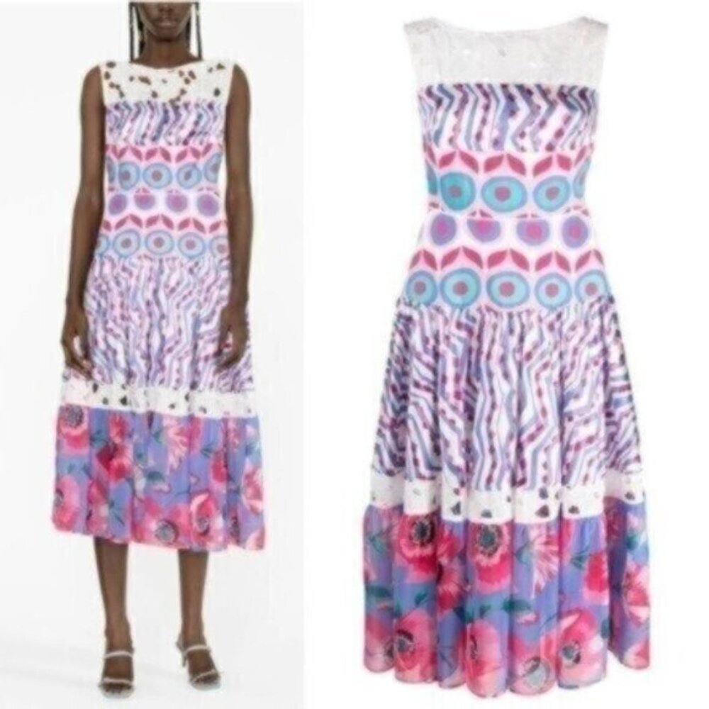NWT Talbot Runhof Hokane Silk Panelled Geometric Floral Midi Dress Size 4